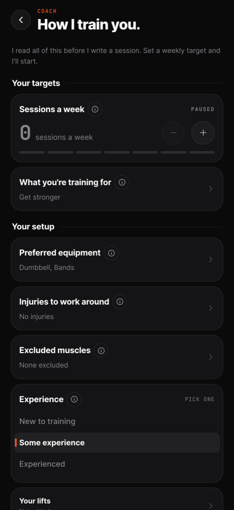 FullAthlete coach screen listing weekly targets, training goal, preferred equipment, injuries and excluded muscles