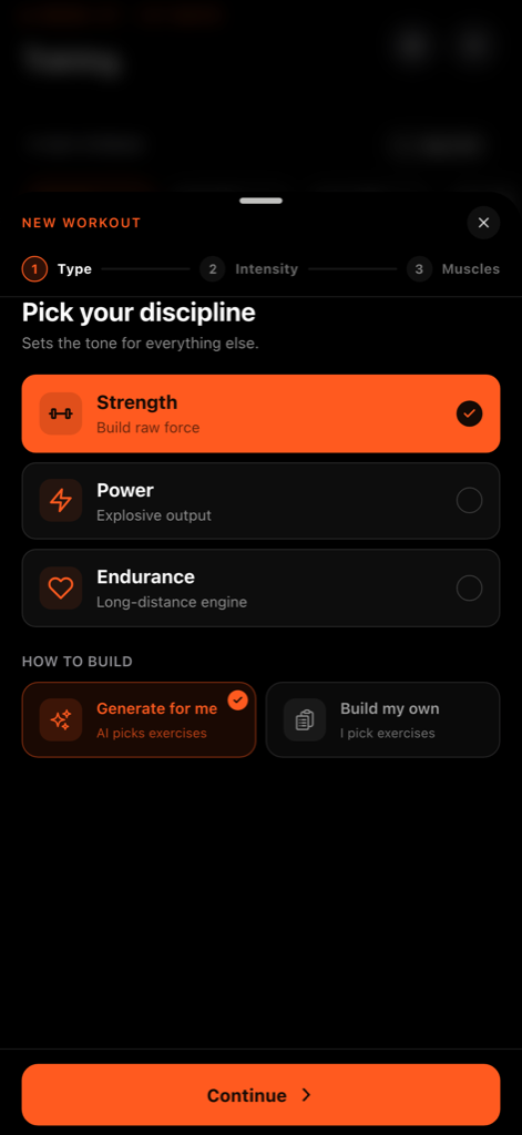 FullAthlete new-workout wizard: pick strength, power or endurance, then generate or build your own