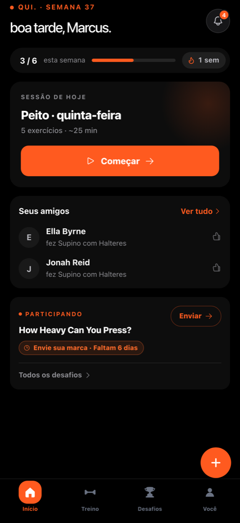 Tela inicial do FullAthlete mostrando a sessão do dia pronta para começar, o progresso semanal e a sequência