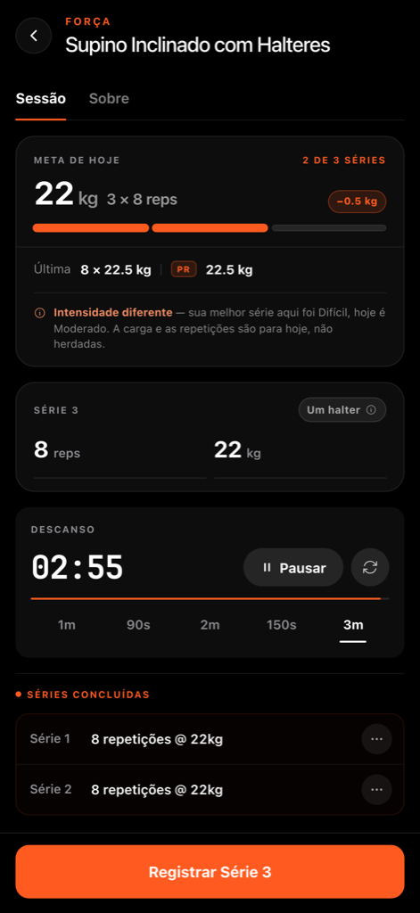 Tela de registro de exercício do FullAthlete com a meta do dia, cronômetro de descanso e selo de recorde pessoal