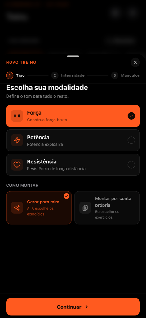 Assistente de novo treino do FullAthlete: escolha força, potência ou resistência e depois gere ou monte a sua sessão